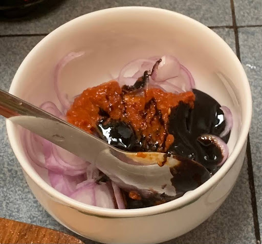 Shallots, sambal, dark soy sauce